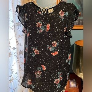 Midnight Sky Pink Floral White Black Polka Dot Blouse XL
